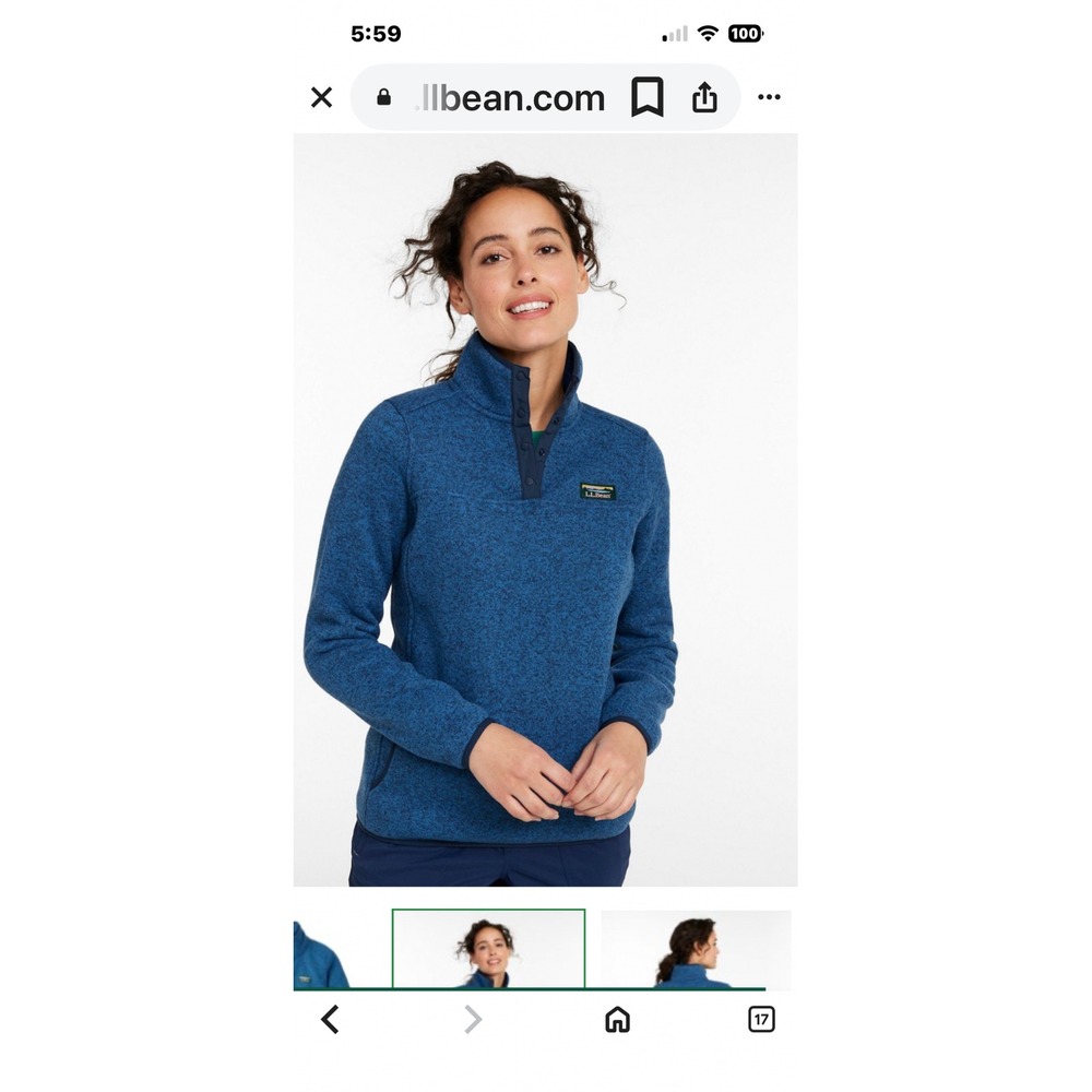 LL Bean Sweater Fleece Pullover Womens Medium Petite Blue Snap Neck‎ 503356